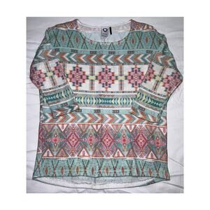 Anthropologie Sweater Size S Pink Green Aztec Southwestern 3/4 Sleeve Akemi Kin